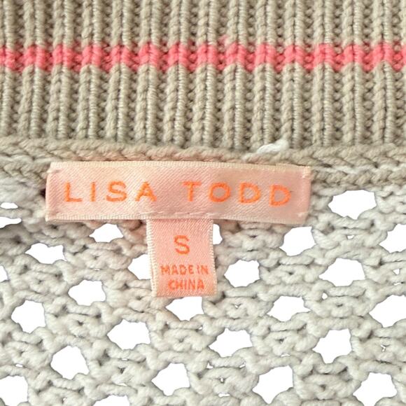 Lisa Todd Women's Size S Open Knit V-Neck Varsity Sweater Cream Beige Pullover - Picture 5 of 8